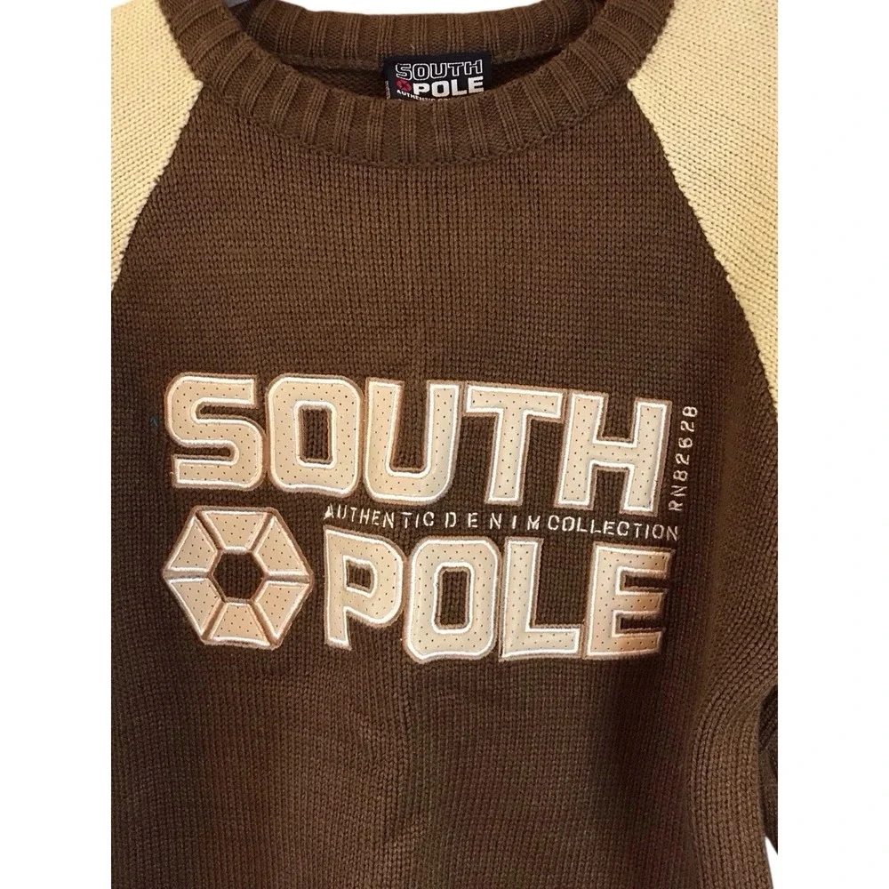 NWT VTG‎ Southpole Men's Crewneck Knit Brown Tan Sweater Embroidered Sz M Y2K